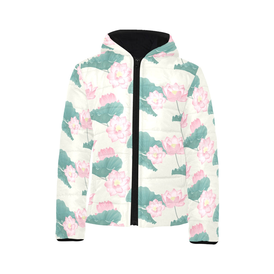 Pink lotus waterlily leaves pattern Kids' Boys' Girls' Padded Hooded Jacket