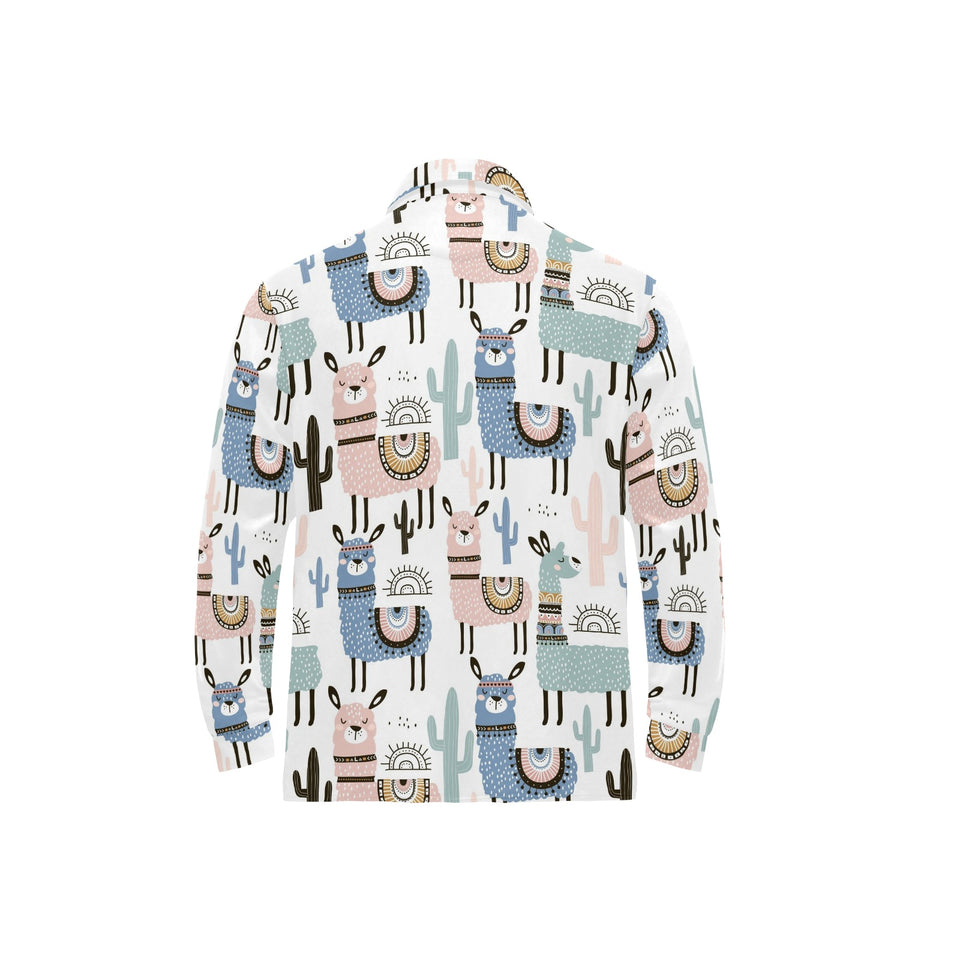 lama Alpaca cactus hand drawn pattern Men's Long Sleeve Polo Shirt