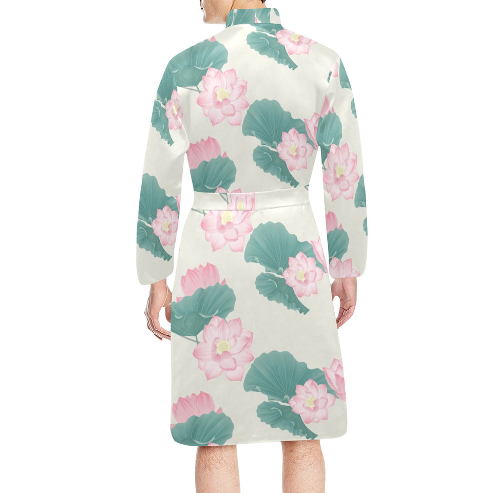 Pink lotus waterlily leaves pattern Men's Long Sleeve Belted Night Robe