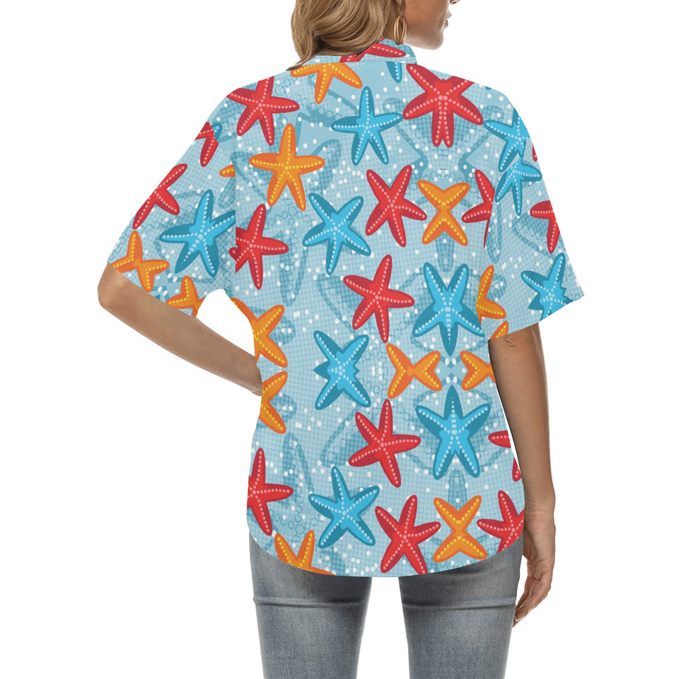 Blue red orange starfish pattern Women's All Over Print Hawaiian Shirt
