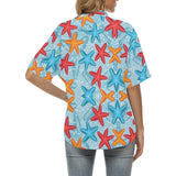 Blue red orange starfish pattern Women's All Over Print Hawaiian Shirt