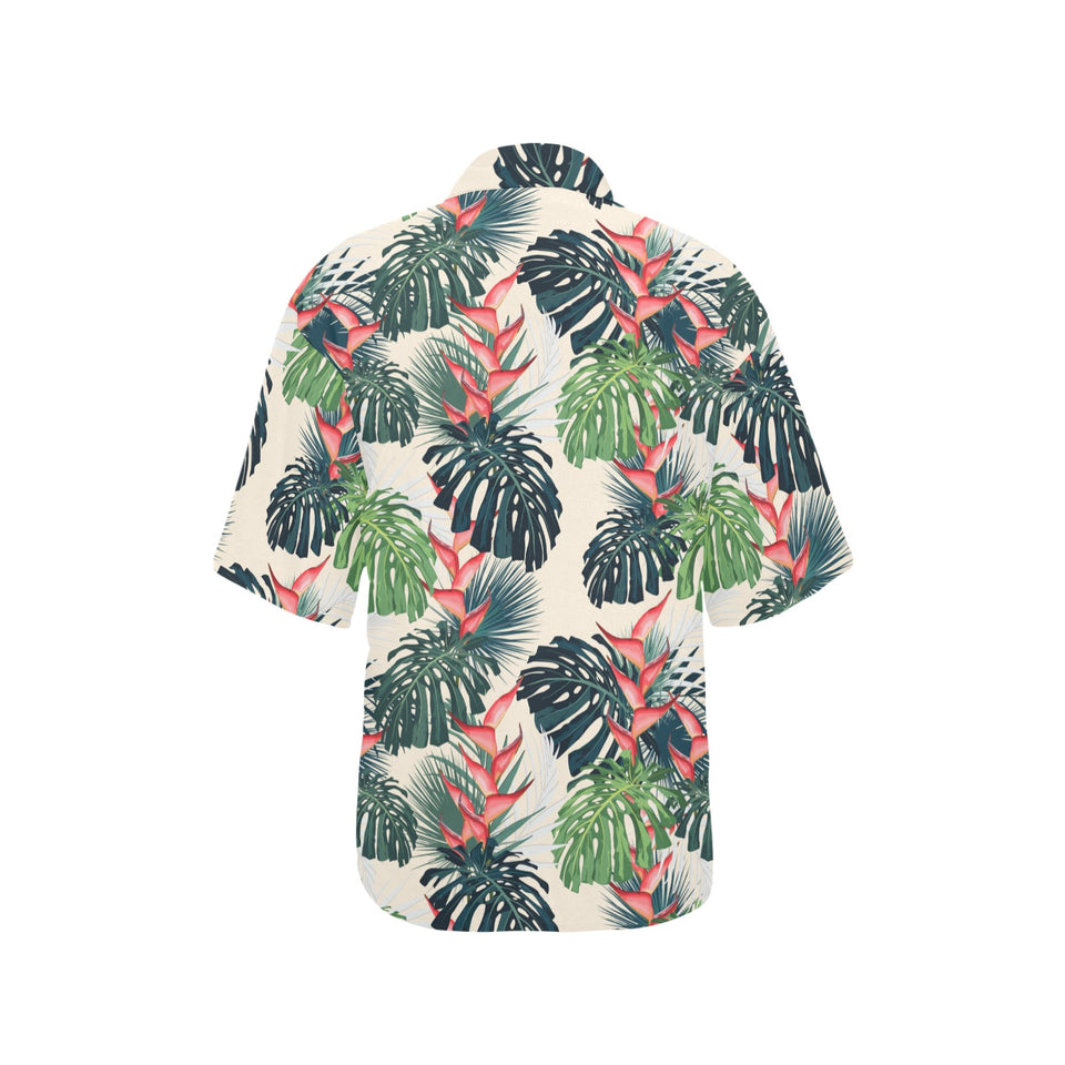 heliconia flowers, palm and monstera leaves Women's All Over Print Hawaiian Shirt