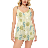 Seahorse shell starfish pattern background Chest Sexy Pleated Two Piece Swim Dress
