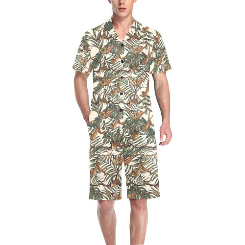 Monkey tropical leaves background Men's V-Neck Short Pajama Set
