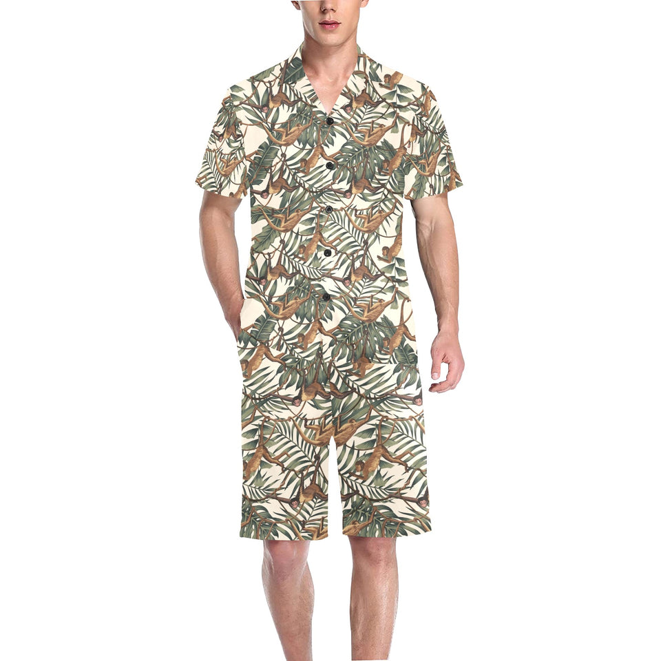 Monkey tropical leaves background Men's V-Neck Short Pajama Set