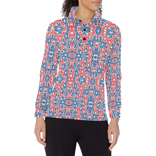 Blue Red Eiffel Tower Pattern Print Design 02 Women's Long Sleeve Polo Shirt