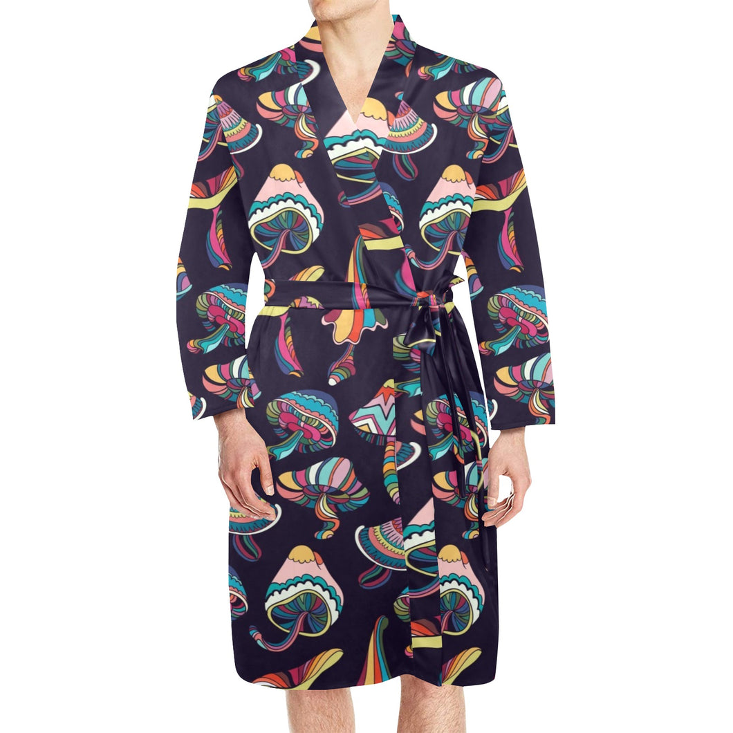 Colorful mushroom pattern Men's Long Sleeve Belted Night Robe