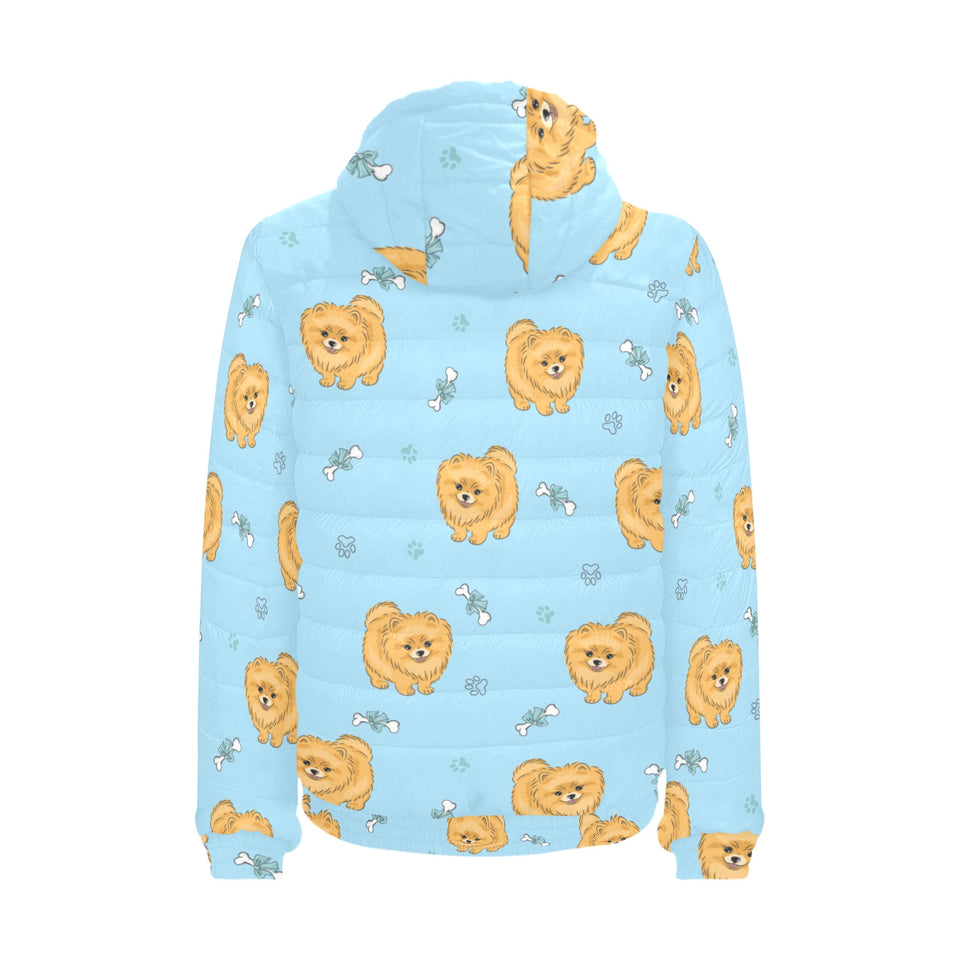 Brown cute pomeranian blue blackground Men's Padded Hooded Jacket