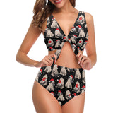 Christmas Pugs Santa_s red cap pattern Chest Bowknot High Waisted Bikini Swimsuit