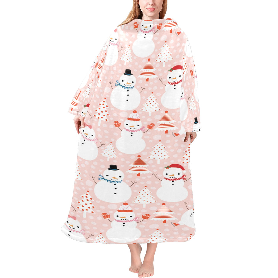 Cute snowman christmas tree snowpink background Blanket Robe with Sleeves