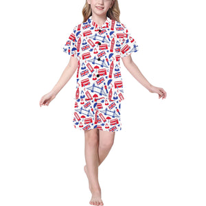 British Pattern Print Design 01 Kids' Boys' Girls' V-Neck Short Pajama Set