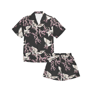 Japanese crane pink sakura pattern Kids' Boys' Girls' V-Neck Short Pajama Set