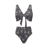 Gold ginkgo leaves Chest Bowknot High Waisted Bikini Swimsuit