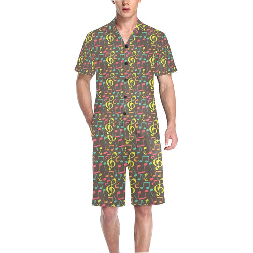 Music Notes Pattern Print Design 05 Men's V-Neck Short Pajama Set