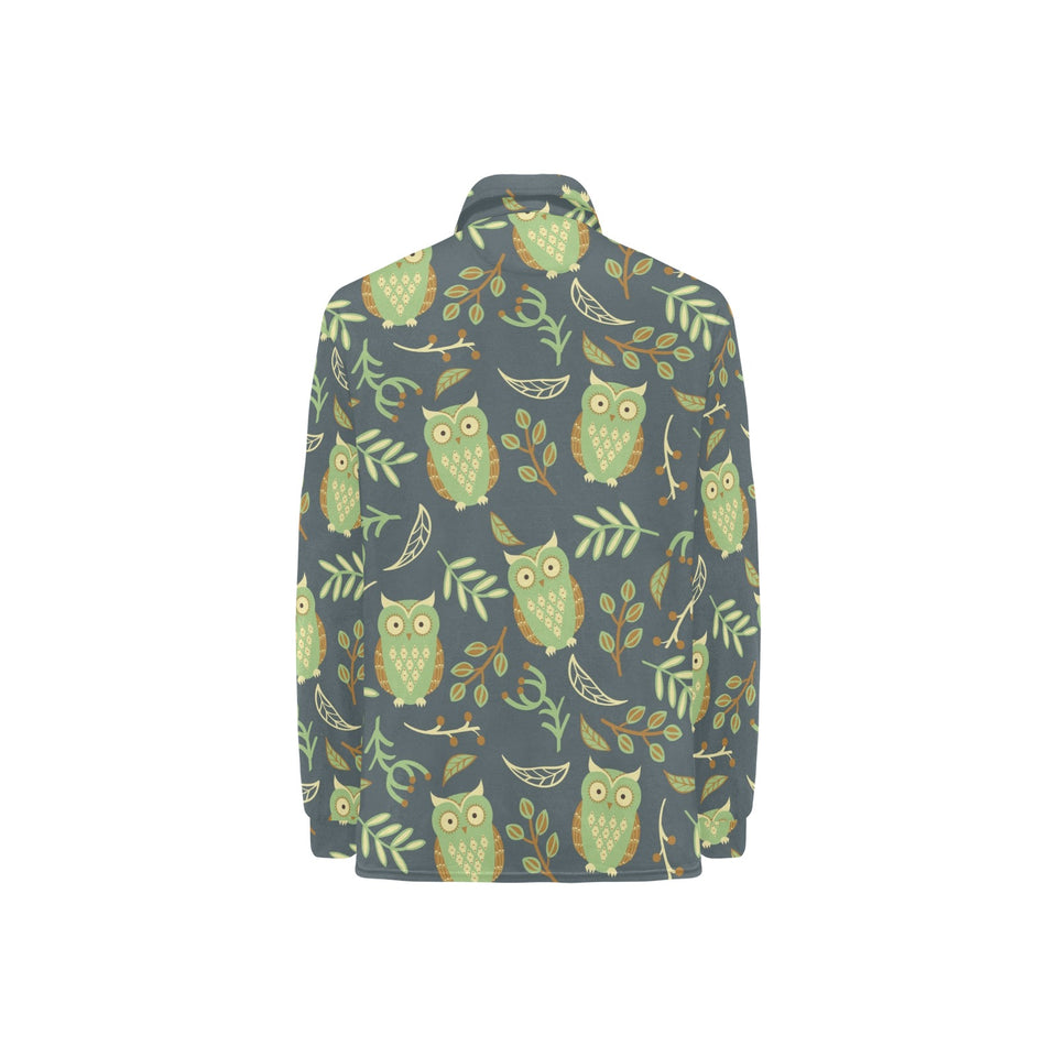 Cute owls leaves pattern Women's Long Sleeve Polo Shirt