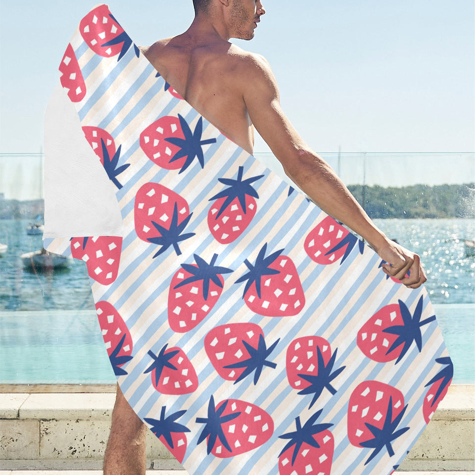 Strawberry pattern blue lines background Beach Towel