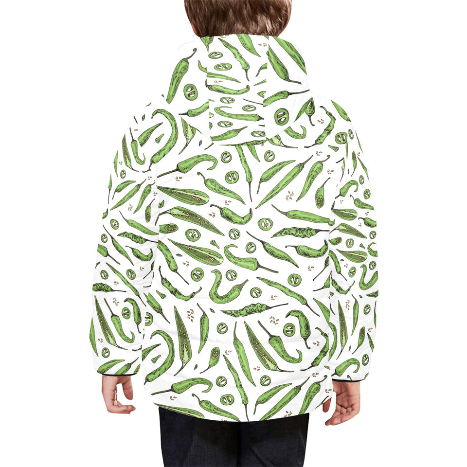 Hand drawn sketch style green Chili peppers patter Kids' Boys' Girls' Padded Hooded Jacket
