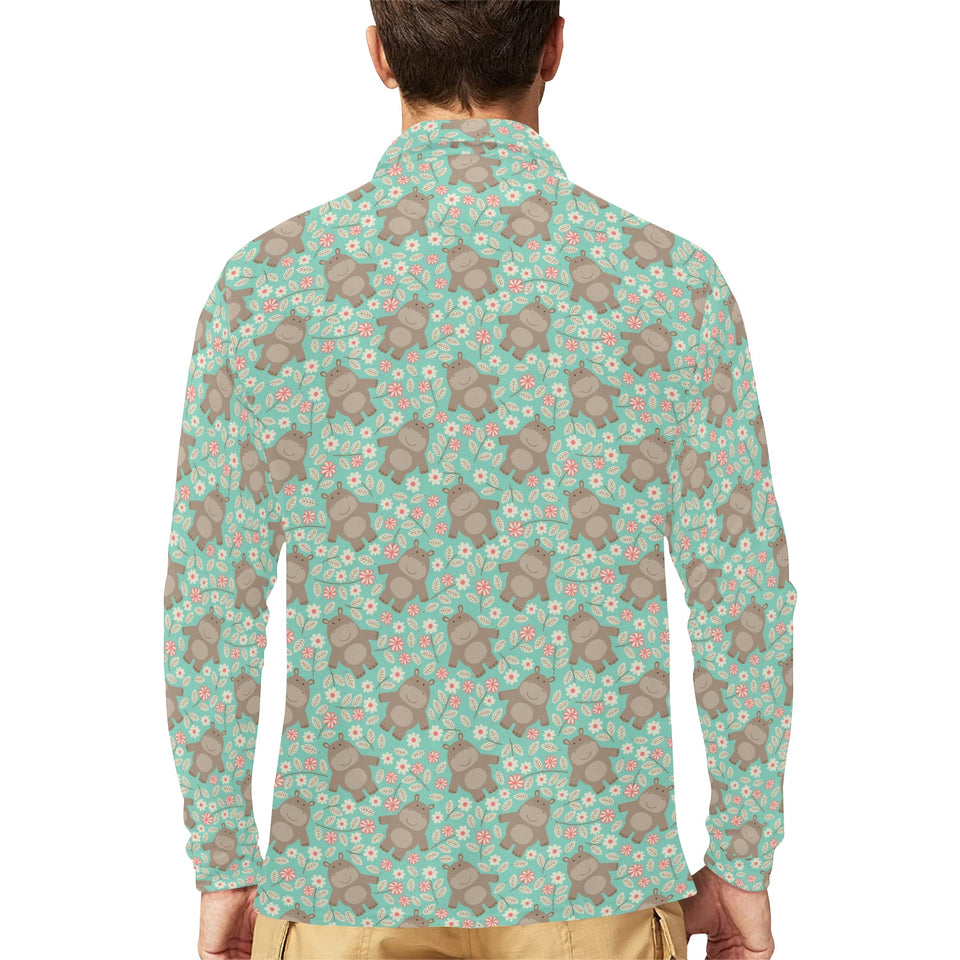 Hippopotamus Pattern Print Design 02 Men's Long Sleeve Polo Shirt