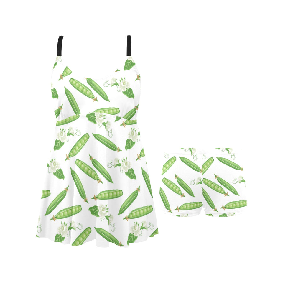 Green Peas Pattern Print Design 04 Chest Sexy Pleated Two Piece Swim Dress