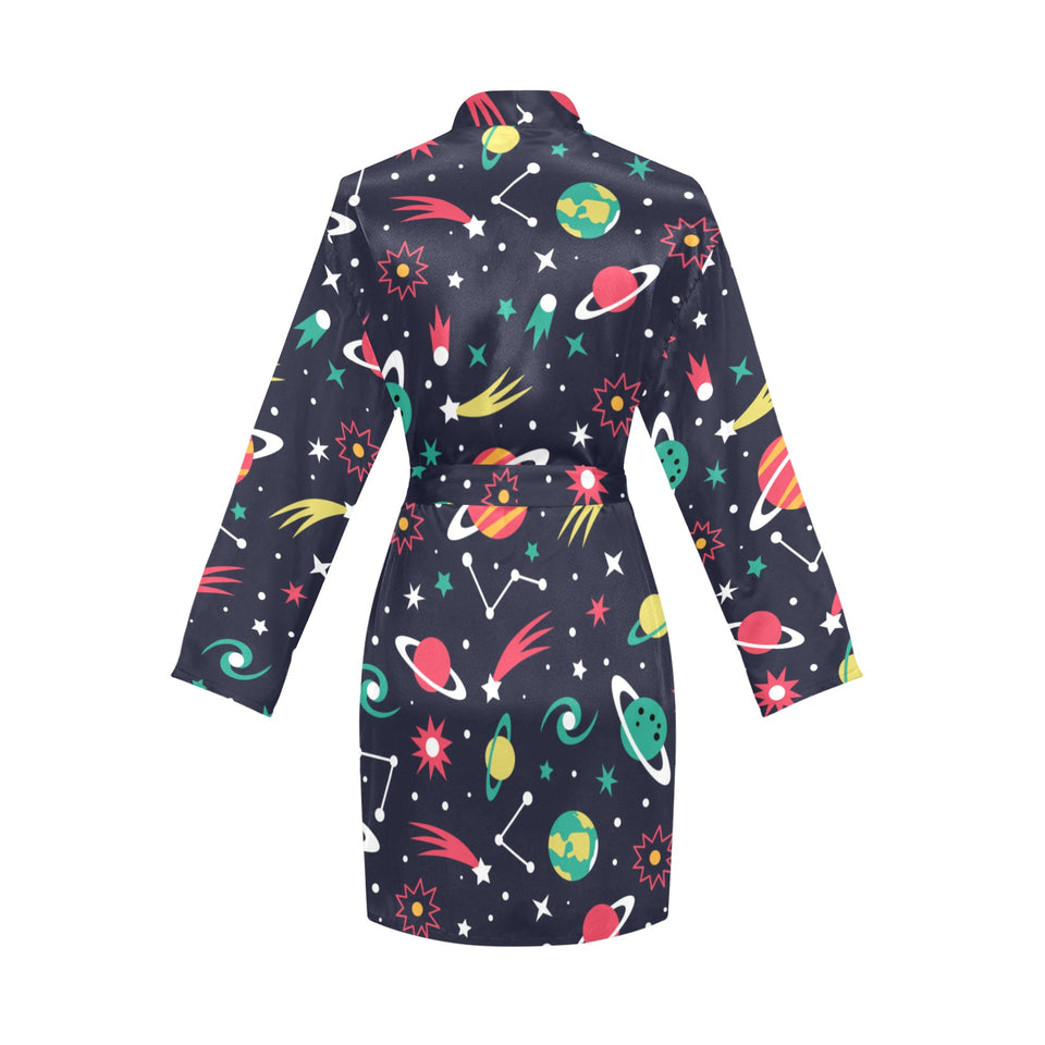 colorful space pattern planet star Women's Long Sleeve Belted Night Robe