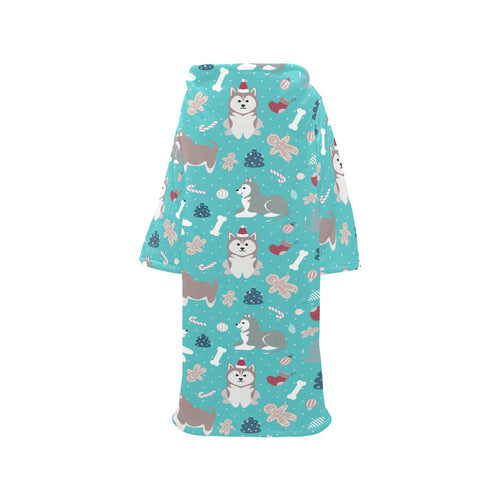 Christmas cute siberian husky puppie pattern Blanket Robe with Sleeves