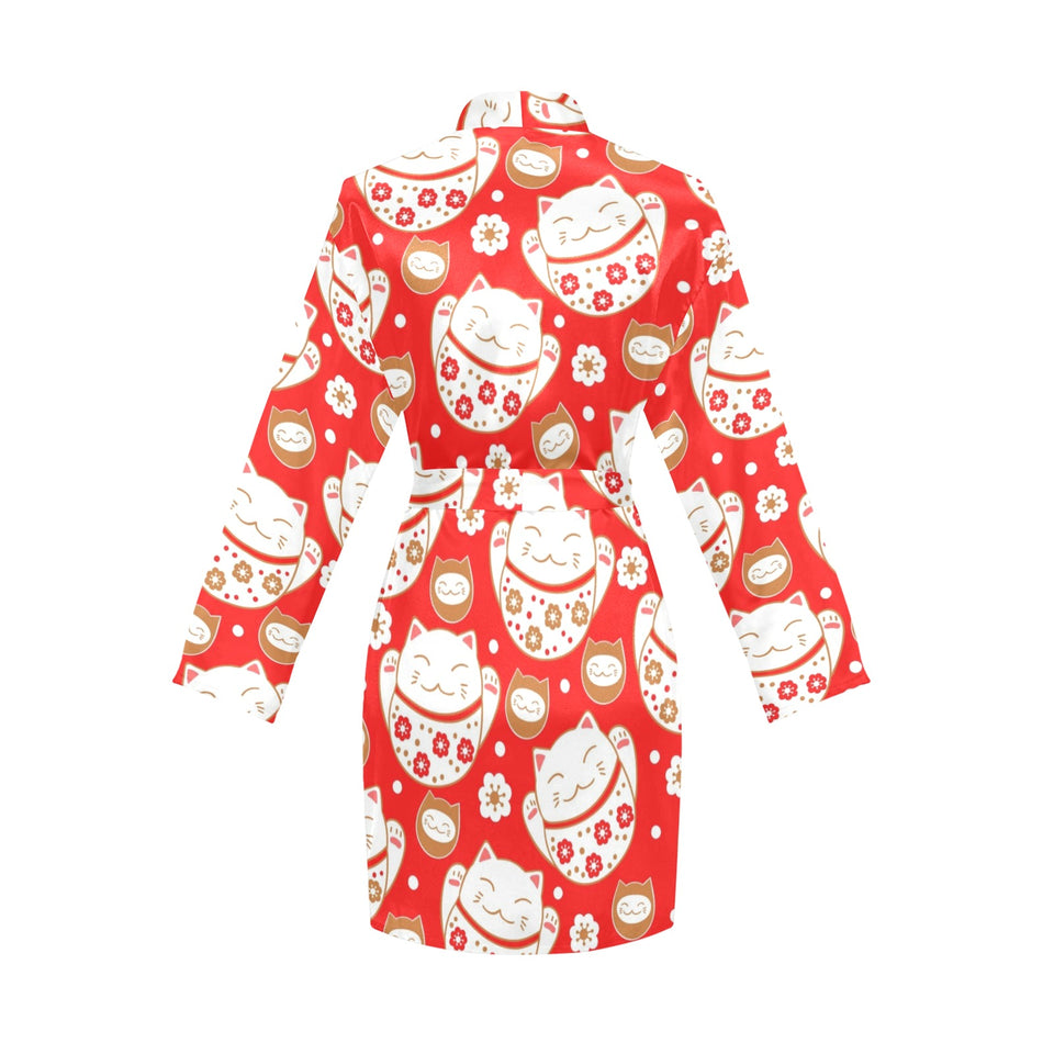 Cute Maneki neko cat red background Women's Long Sleeve Belted Night Robe