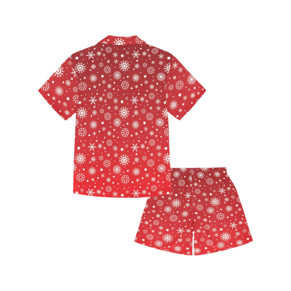 Snowflake pattern red background Kids' Boys' Girls' V-Neck Short Pajama Set