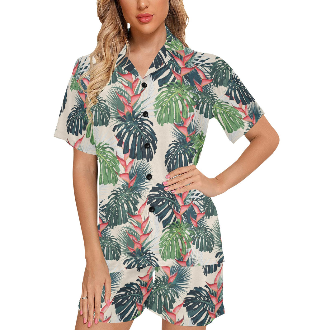 heliconia flowers, palm and monstera leaves Women's V-Neck Short Pajama Set