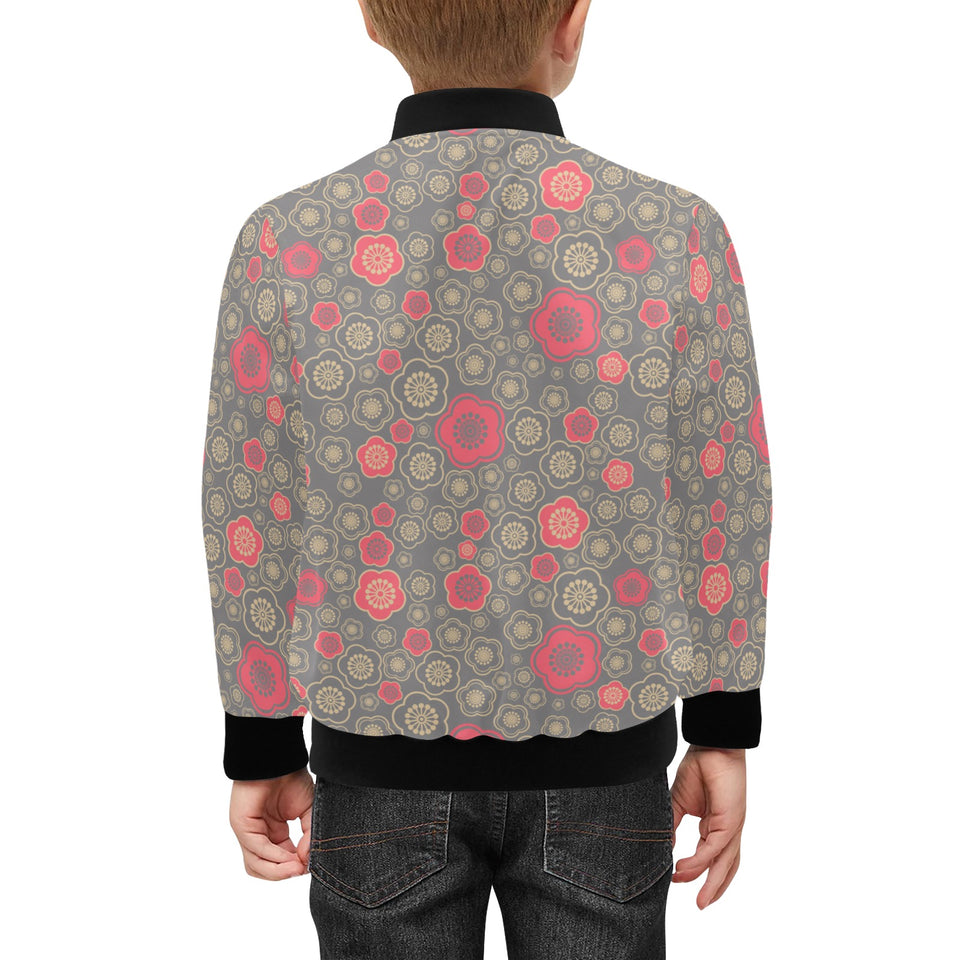 Red gold Sakura cherry blossom gray background Kids' Boys' Girls' Bomber Jacket