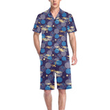 Blue japanese pattern cloud wave flower Men's V-Neck Short Pajama Set