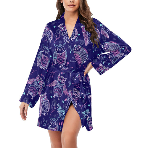 Cute owls pattern boho style ornament Women's Long Sleeve Belted Night Robe