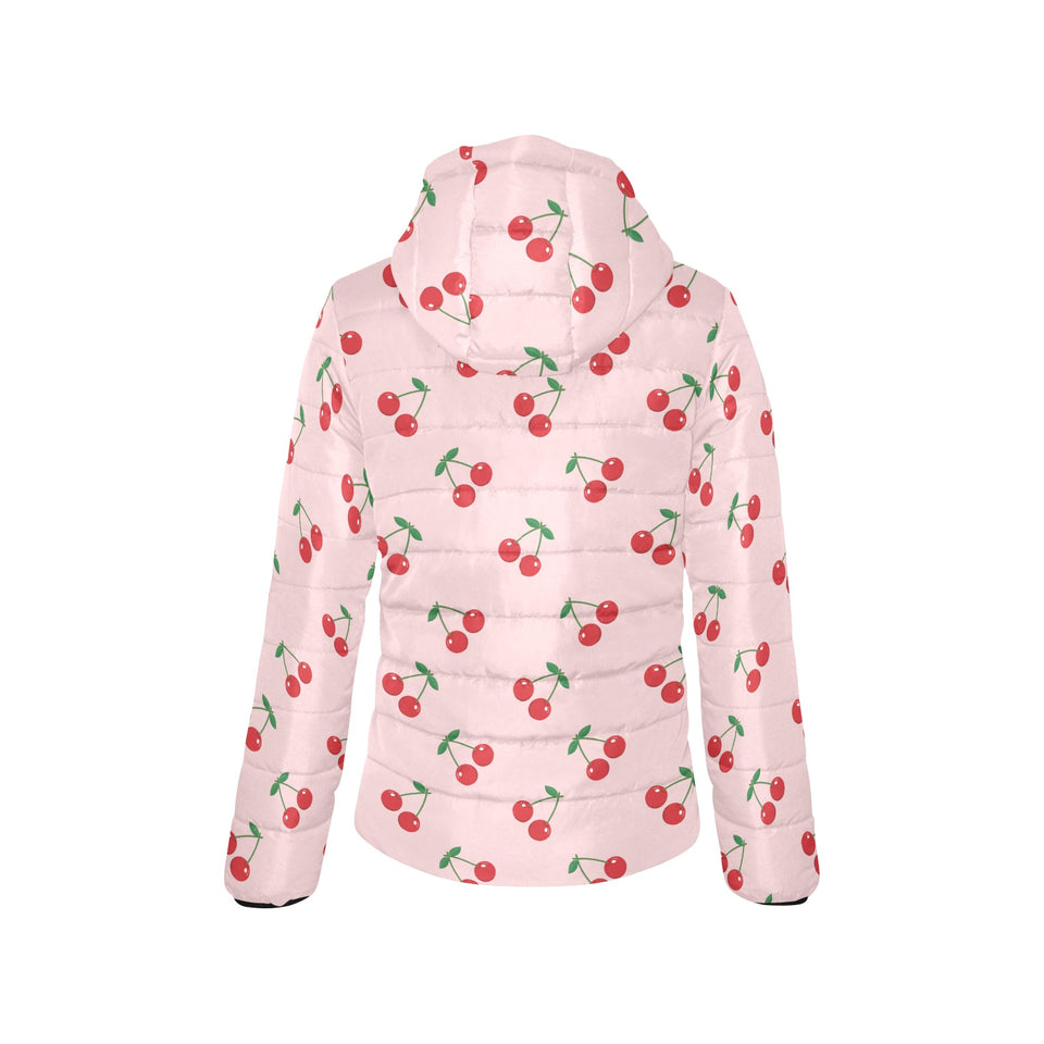 cherry pattern pink background Women's Padded Hooded Jacket