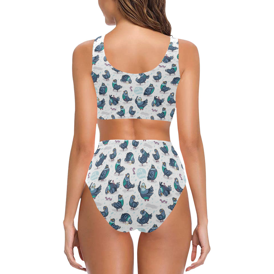 Pigeon Pattern Print Design 02 Chest Bowknot High Waisted Bikini Swimsuit