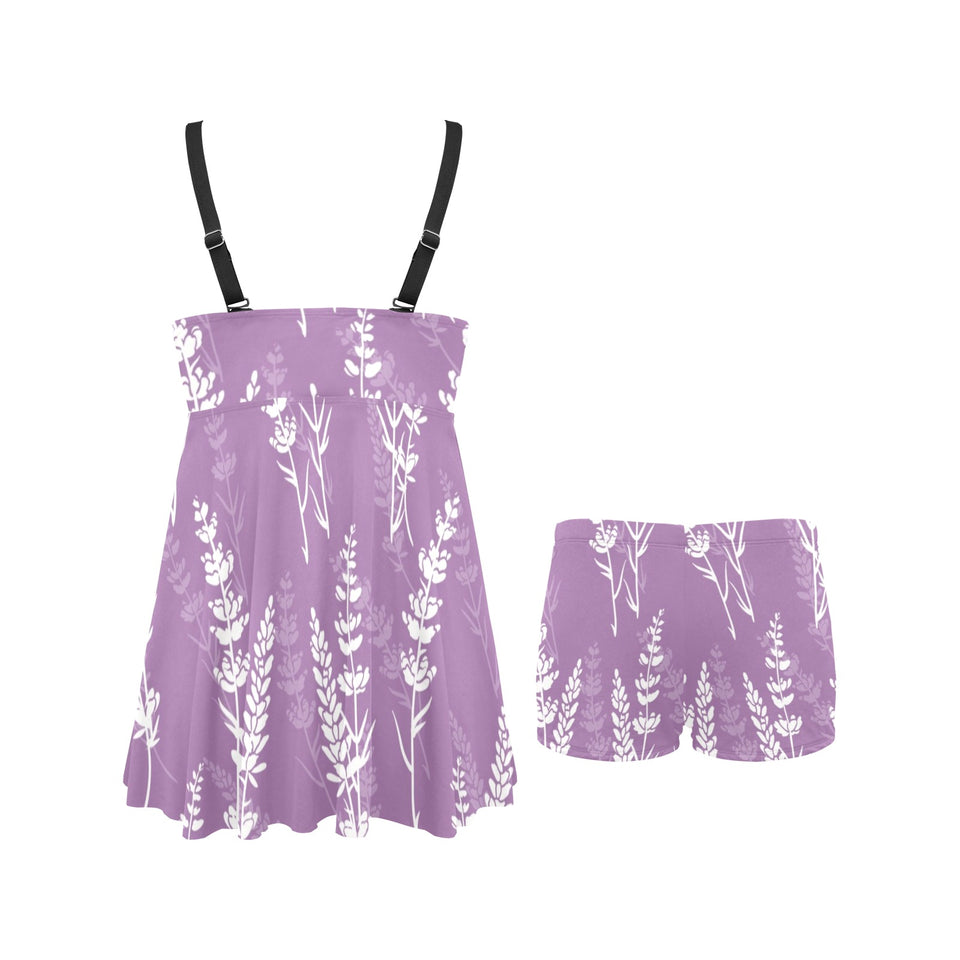 Lavender flowers purple pattern Chest Sexy Pleated Two Piece Swim Dress