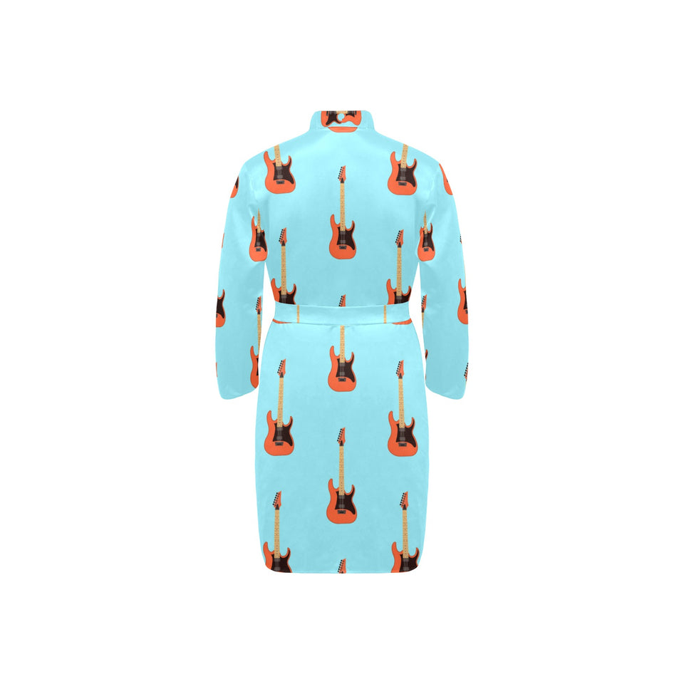 electric guitar pattern light blue background Men's Long Sleeve Belted Night Robe