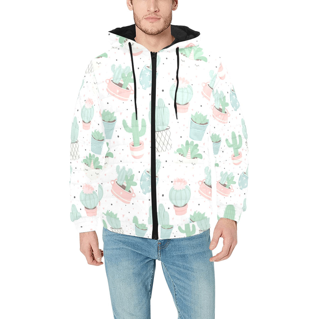 Pastel color cactus pattern Men's Padded Hooded Jacket