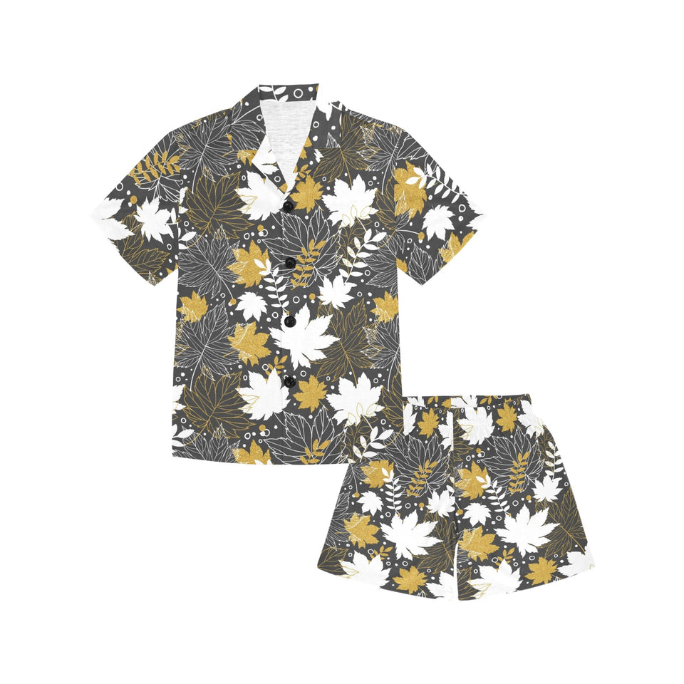 Beautiful gold autumn maple leaf pattern Kids' Boys' Girls' V-Neck Short Pajama Set