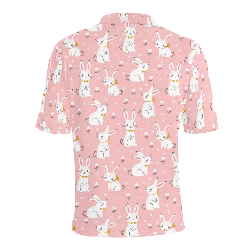 Cute white rabbit flower pink background Men's All Over Print Polo Shirt