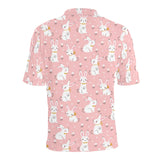 Cute white rabbit flower pink background Men's All Over Print Polo Shirt