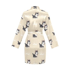 Cute Siberian Husky Women's Long Sleeve Belted Night Robe