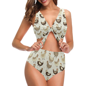 Cute rooster chicken cock Chest Bowknot High Waisted Bikini Swimsuit
