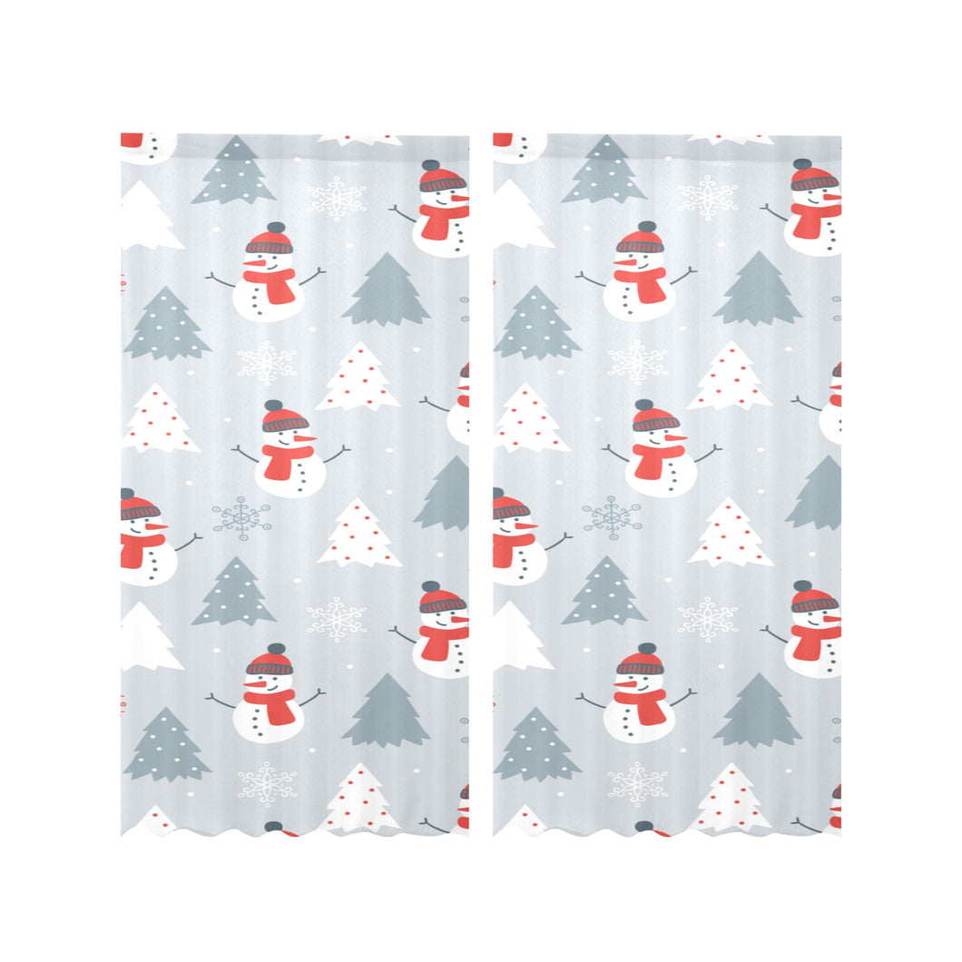 Snowman christmas tree snow gray background Gauze Curtain
