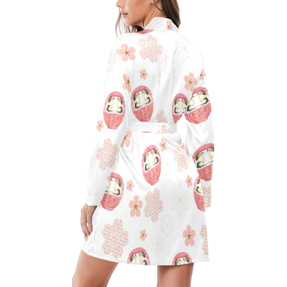 Daruma japanese wooden doll cherry blossom flower Women's Long Sleeve Belted Night Robe