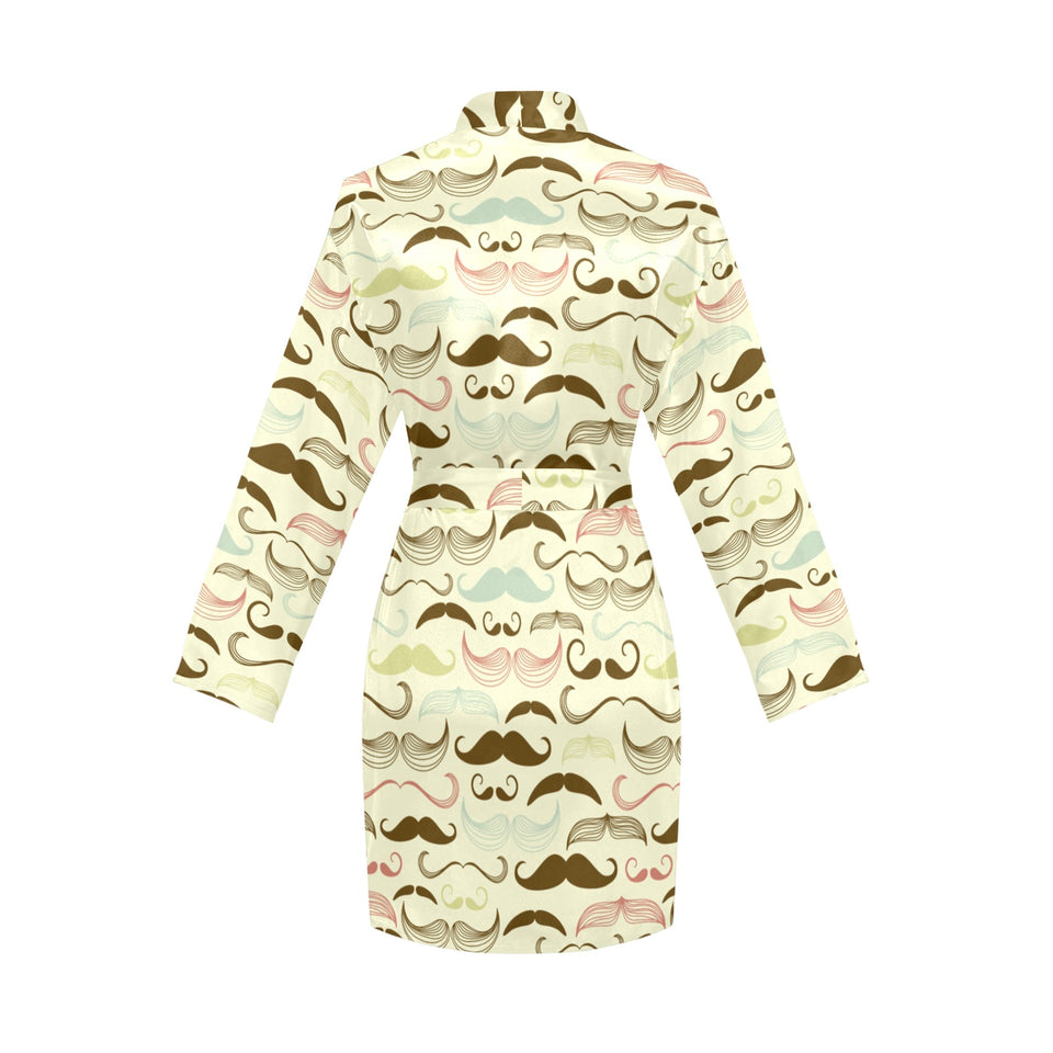 Mustache Beard Pattern Print Design 01 Women's Long Sleeve Belted Night Robe