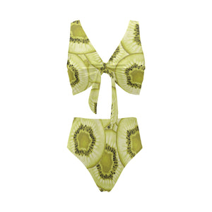 Sliced kiwi pattern Chest Bowknot High Waisted Bikini Swimsuit