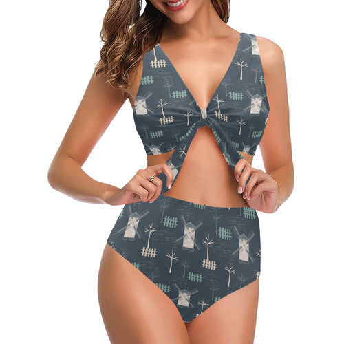 windmill tree pattern Chest Bowknot High Waisted Bikini Swimsuit