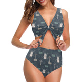 windmill tree pattern Chest Bowknot High Waisted Bikini Swimsuit