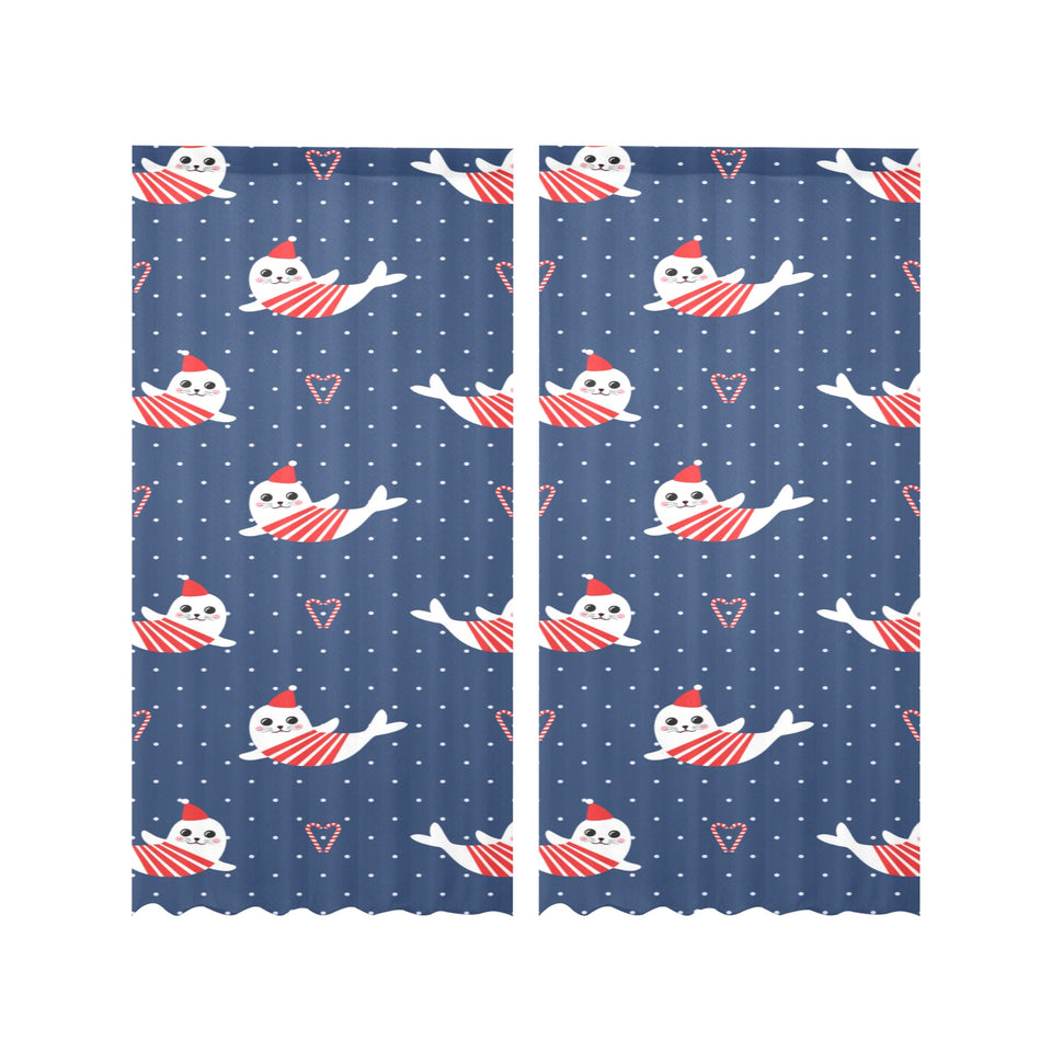 Cute sea lion seal christmas hat candy cane heart Gauze Curtain