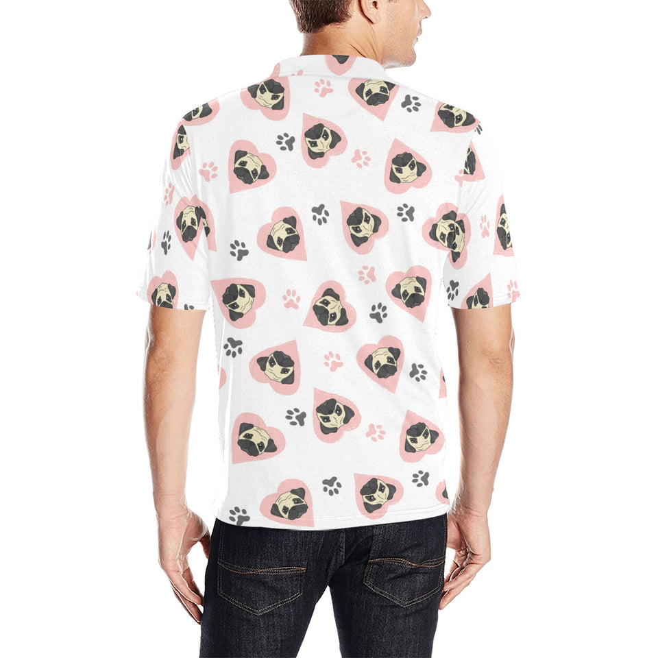 Cute pugs pink heart paw pattern Men's All Over Print Polo Shirt