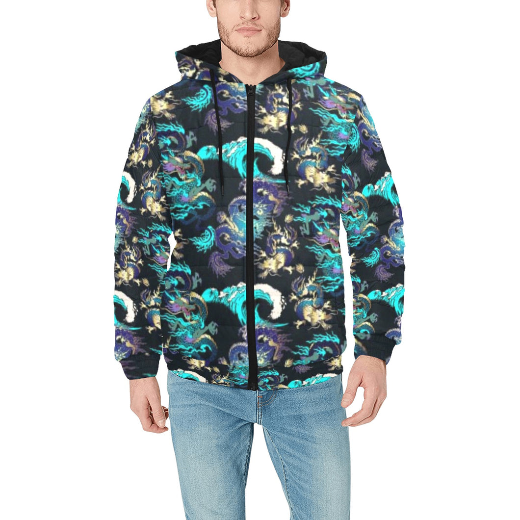 Dragon sea wave pattern Men's Padded Hooded Jacket